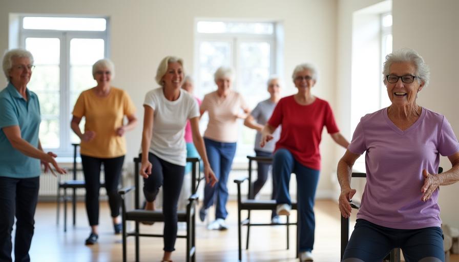 Senior fitness class with balance and mobility exercises
